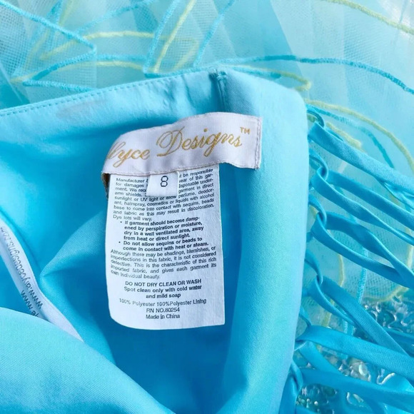 ALYCE DESIGNS Ruffle Sheer Prom Gown Size 8 Aqua Strapless Embellished Cocktail - Picture 5 of 5